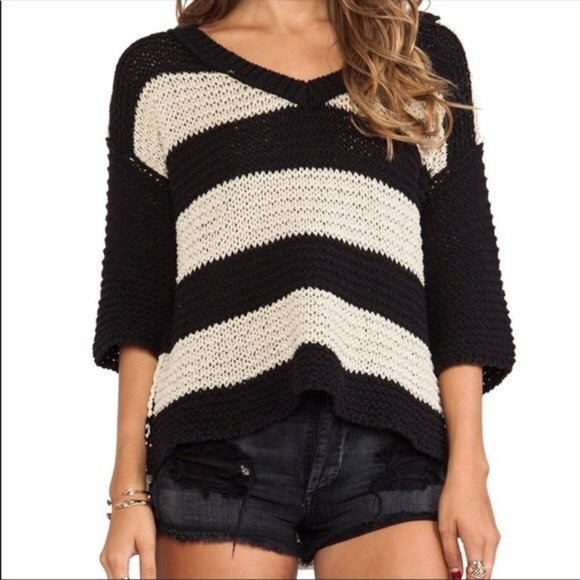 Free People Park Slope Tan & Black Knit Striped V Neck Sweater - Picture 1 of 5